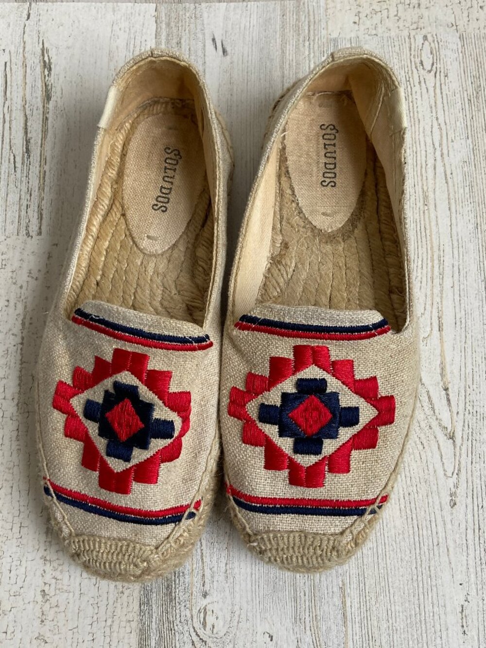 Soludos Size 7.5 Embroidered Espadrille Flats Canvas Slip On Shoes